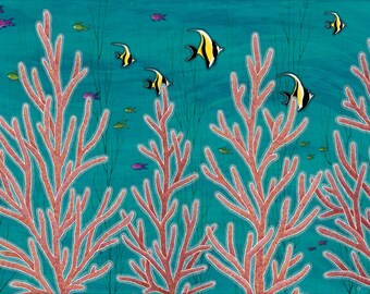 May include: An illustration of a coral reef with pink coral branches and yellow and black angelfish swimming in a turquoise blue ocean.