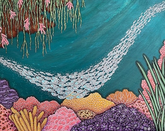May include: An underwater painting featuring a school of fish swimming through turquoise water. The artwork includes colorful coral reefs in shades of yellow, orange, pink, and purple, with green seaweed and pink flowers.