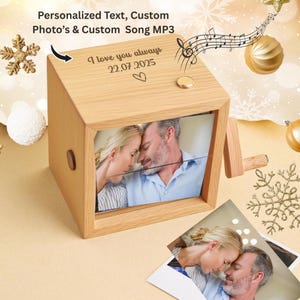Custom Photo Flipbook Frame with Personalized Text & Custom MP3 Song Hand-Cranked Music Box w/Light Animation Photo Album Anniversary Gift
