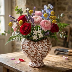 May include: A heart-shaped ceramic vase with a terracotta base and white painted leaf patterns, filled with a vibrant floral arrangement of red roses, pink ranunculus, yellow craspedia, purple lavender, blue delphinium, and green eucalyptus.