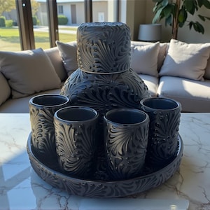 Handmade Black Talavera Set of 4 Shot Glasses with Decanter & Base - Artisan Mexican Pottery