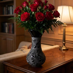 May include: A bouquet of deep red roses with green foliage arranged in a tall, flared vase. The vase features a matte gray base with a glossy black neck and a repeating black teardrop-shaped pattern covering the lower bulbous section.