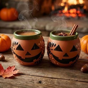 May include: Two round, orange ceramic mugs shaped like jack-o'-lanterns with green rims, filled with steaming hot liquid. The mugs feature carved black facial expressions and floral patterns. One mug contains a cinnamon stick and a star anise.