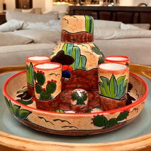 Handmade Talavera Shot Glass Set: Mexican Decanter, Base & Salt Shaker