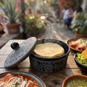May include: A table setting featuring a stack of warm tortillas in a decorative ceramic bowl with a lid. Other dishes include enchiladas, guacamole, and salsa. The scene is outdoors with a blurred background.