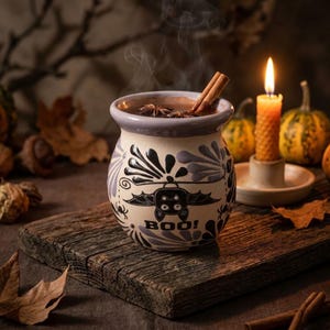 May include: A round ceramic mug with a light cream base and purple accents, featuring a black graphic of a hanging bat and the text BOO! in black lettering. The mug contains a steaming dark liquid with cinnamon sticks and star anise floating inside.