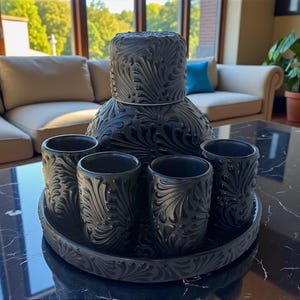 Talavera Decanter Set with 4 shots and base -  Handmade  - Black & Black