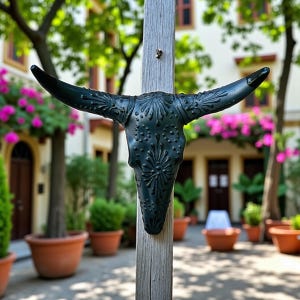 May include: A dark teal decorative bull skull with intricate floral patterns and small dot details is mounted on a weathered wooden post. The skull has long, curved horns and is set against a blurred outdoor background.