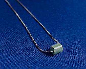 Burmese Jade Tube Bead Necklace - Stainless Steel Chain