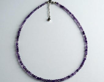 Amethyst Choker Necklace, Dainty Crystal Necklace, Minimalist Handmade Gemstone Jewelry, 2mm 3mm Faceted Beaded Choker, Gift for Her