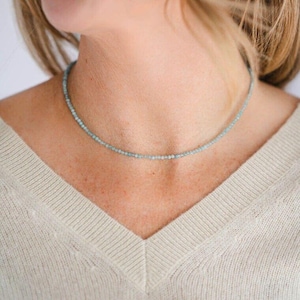 Aquamarine Choker Necklace – 2mm/3mm Faceted Gemstone Beads, Minimalist Handmade Crystal Jewelry, Dainty Gift for Her