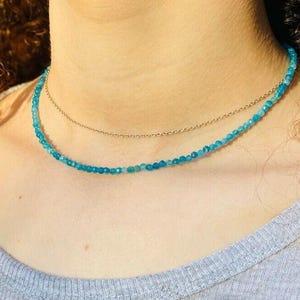 Natural Blue Apatite Choker Necklace – 2mm/3mm Faceted Gemstone Beads, Minimalist Handmade Crystal Jewelry, Dainty Gift for Her