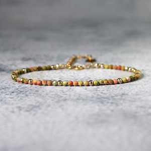 Natural Unakite Bracelet – 3mm Faceted Gemstone Beads, Minimalist Healing Crystal Jewelry, Dainty Gift for Her