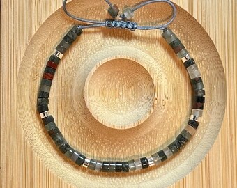 Bloodstone Bracelet: Minimalist Gemstone Tube Bead, Adjustable Crystal