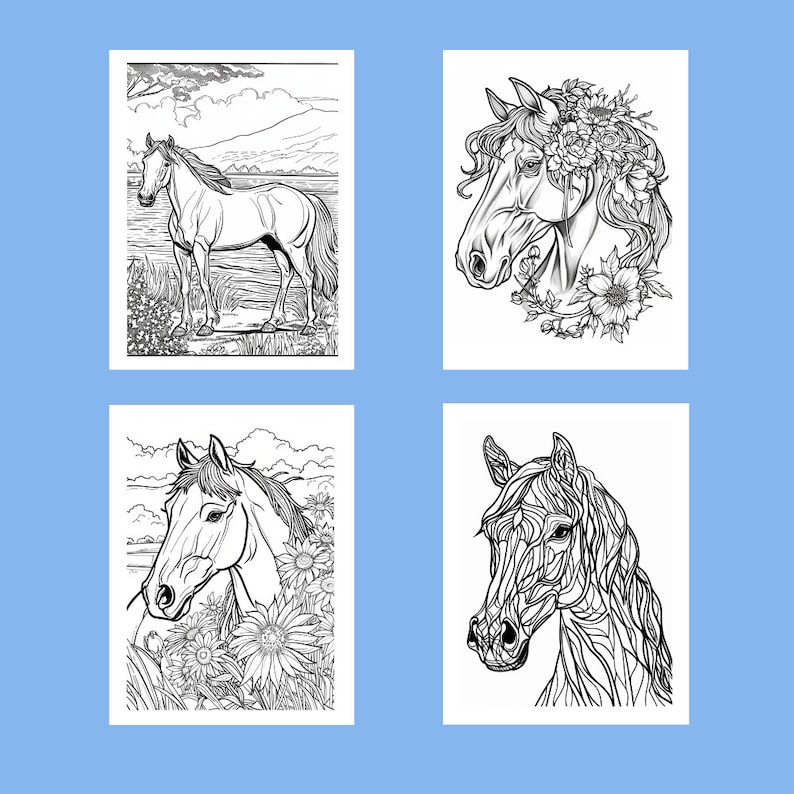 May include: Four black and white horse illustrations on a light blue background. The images include a horse standing in a field, a horse head with a floral crown, a horse head surrounded by flowers, and a detailed horse head.