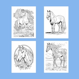 May include: Four black and white horse illustrations on a light blue background. The images depict horses in various poses, including running, standing, and with floral accents. The drawings are detailed and suitable for coloring.