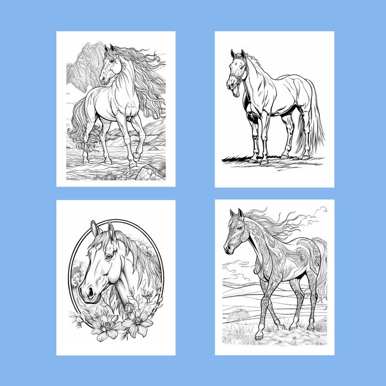 May include: Four black and white horse illustrations on a light blue background. The images depict horses in various poses, including running, standing, and with floral accents. The drawings are detailed and suitable for coloring.
