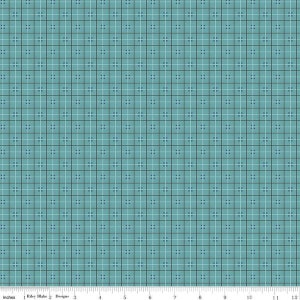 May include: A teal blue fabric with a black and white grid pattern. The fabric has a subtle texture and a slightly faded look.
