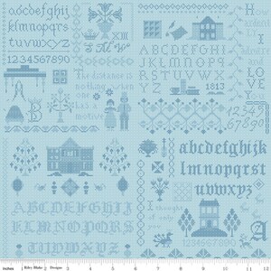 May include: A light blue fabric with a repeating pattern of houses, trees, flowers, and letters. The text "The distance is nothing when one has a motive" is included in the pattern.