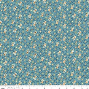 May include: A teal fabric with a repeating pattern of small yellow, blue, and green flowers. The fabric is a quilting cotton and is perfect for crafting projects.