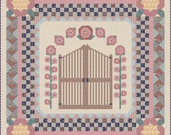 May include: A quilt with a patchwork design featuring a brown wooden gate surrounded by pink flowers and a checkered border.