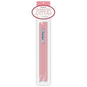 May include: A pink zipper with a silver slider and pull tab. The zipper is packaged in a clear plastic bag with a pink and white patterned border. The packaging has the text "Happy Zippers by Lori Holt of Bee in my Bonnet."