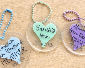 Personalised Hen Party Acrylic Tags | Custom Weekend Bag Favours, Bride Name Keepsake