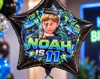 Personalised Gamer Birthday Balloon, Custom Photo 18" Black Foil Star Balloon