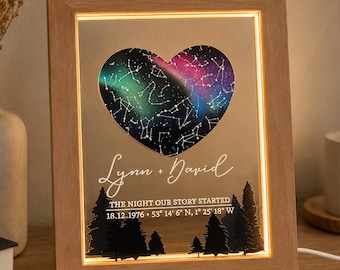 Personalised 3D Star Map LED Night Light | Custom Couple Keepsake (Wooden Frame)