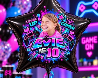 Personalised Gamer Birthday Balloon, Custom Photo 18" Black Foil Star Balloon