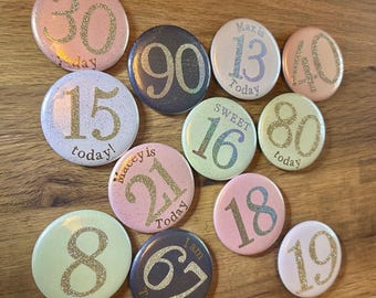 Custom Birthday Age Button Badge: Glitter Iridescent Pastel 58mm