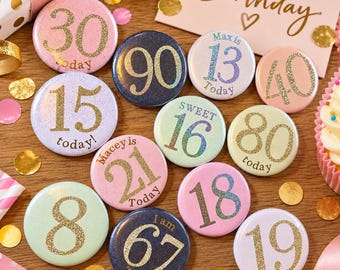Custom Birthday Age Button Badge: Glitter Iridescent Pastel 58mm