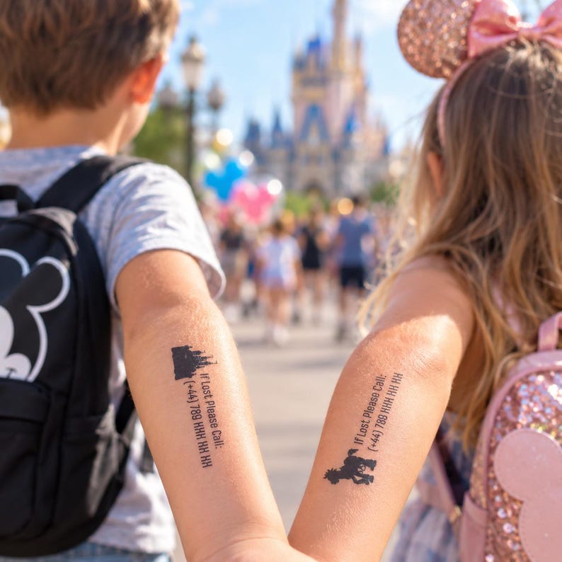 May include: Two temporary tattoos on forearms featuring black ink designs. One tattoo shows a castle silhouette with the text 'If Lost Please Call: (+44) 789 HHH HH HH'. The other tattoo displays a cartoon character with the same contact text.