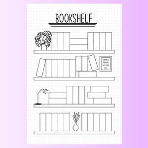 May include: A black and white printable bookshelf planner with the title "BOOKSHELF" at the top. The planner has four shelves with spaces to draw books and other items.