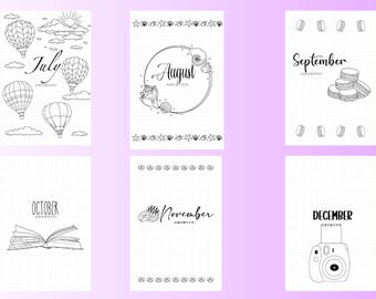Puede incluir: Páginas de planificador imprimibles en blanco y negro con temas mensuales. Julio presenta globos aerostáticos, agosto una corona de flores, septiembre macarons, octubre un libro abierto, noviembre una concha y diciembre una cámara Polaroid.