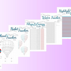 May include: A set of printable planner pages featuring a July theme with hot air balloon illustrations. The pages include a mood tracker, habit tracker, sleep and energy tracker, water tracker, highlight of the day, and playlist.