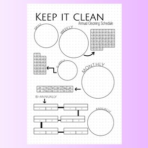 Może przedstawiać: Czarno-biały, drukowalny harmonogram sprzątania z tekstem "Keep It Clean" i "Annual Cleaning Schedule". Harmonogram zawiera sekcje dla codziennego, tygodniowego, dwukrotnie w roku, miesięcznego i rocznego sprzątania.