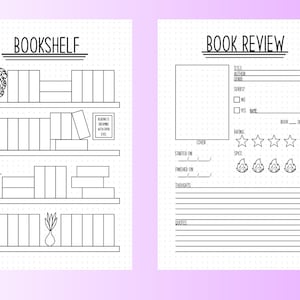 May include: A printable planner page with a bookshelf and a book review section. The bookshelf has four shelves with spaces to draw books. The book review section has spaces to write the title, author, genre, rating, and other details about the book.