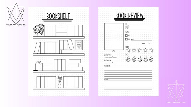 May include: A printable planner page with a bookshelf and a book review section. The bookshelf has four shelves with spaces to draw books. The book review section has spaces to write the title, author, genre, rating, and other details about the book.