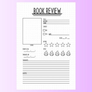 May include: A printable book review template with sections for title, author, series, genre, cover, started on, finished on, thoughts, quotes, rating, and spice level. The template has a black and white design with a dotted background.