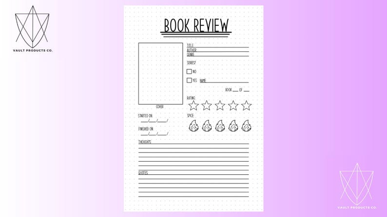 May include: A printable book review template with sections for title, author, series, genre, cover, started on, finished on, thoughts, quotes, rating, and spice level. The template has a black and white design with a dotted background.