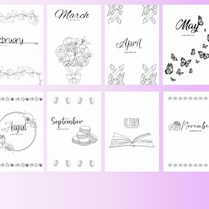 May include: A set of 12 printable coloring pages featuring a different illustration for each month of the year. The illustrations include stars, vines, flowers, crystals, butterflies, a wreath, hot air balloons, a wreath, macarons, a book, a camera, and a wreath.