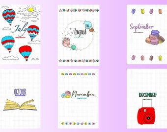 Puede incluir: Un conjunto de 12 páginas de calendario mensual imprimibles con diferentes ilustraciones para cada mes. Los meses son julio, agosto, septiembre, octubre, noviembre y diciembre. Las ilustraciones incluyen globos aerostáticos, conchas marinas, macarons, un libro abierto, donas y una cámara.
