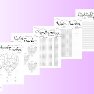 May include: A set of printable planner pages with a hot air balloon theme. The pages include a mood tracker, habit tracker, sleep and energy tracker, water tracker, highlight of the day, and playlist tracker.
