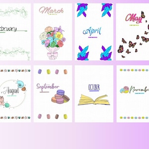 May include: A set of 12 printable monthly calendar pages featuring various illustrations. The months are January, February, March, April, May, June, July, August, September, October, November, and December. Each month has a unique design, such as stars, flowers, butterflies, lemons, hot air balloons, macarons, a book, and a camera.