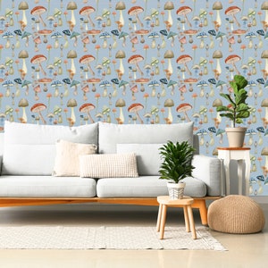 Papier peint champignon, décor champignon, papier peint peel and stick, papier peint botanique, papier peint amovible, papier peint esthétique, papier peint bleu