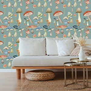 Mushroom Wallpaper, Mushroom Decor, Peel and Stick Wallpaper, Botanical Wallpaper, Removable Wallpaper, Aesthetic Wallpaper