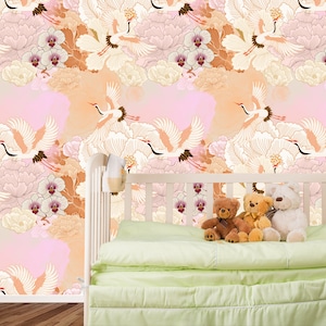 Blush Crane Peel and Stick Wall Paper, Crane Birds Wallpaper, Crane Mural, Japanese Crane Wallpaper, Nursery Peel and Stick Wallpaper