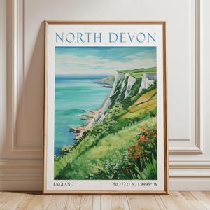 Póster turístico de North Devon / Arte mural de Inglaterra / Lámina costera vintage / Decoración costera del Reino Unido / Arte paisajístico británico