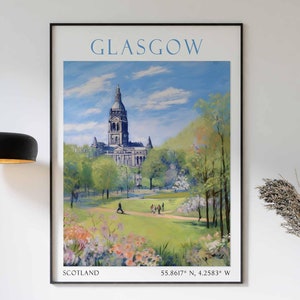 Glasgow Travel Poster Art, Glasgow Travel Art, Scotland Wall Art, Glasgow Scotland Travel, Travel Wall Art